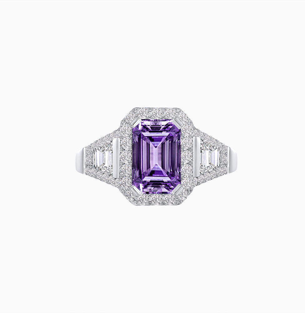 Emerald-Cut Diamond Halo Cocktail Ring with Baguette Accents