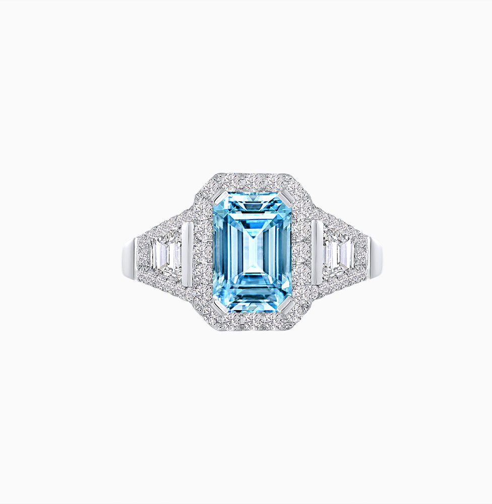 Emerald-Cut Diamond Halo Cocktail Ring with Baguette Accents