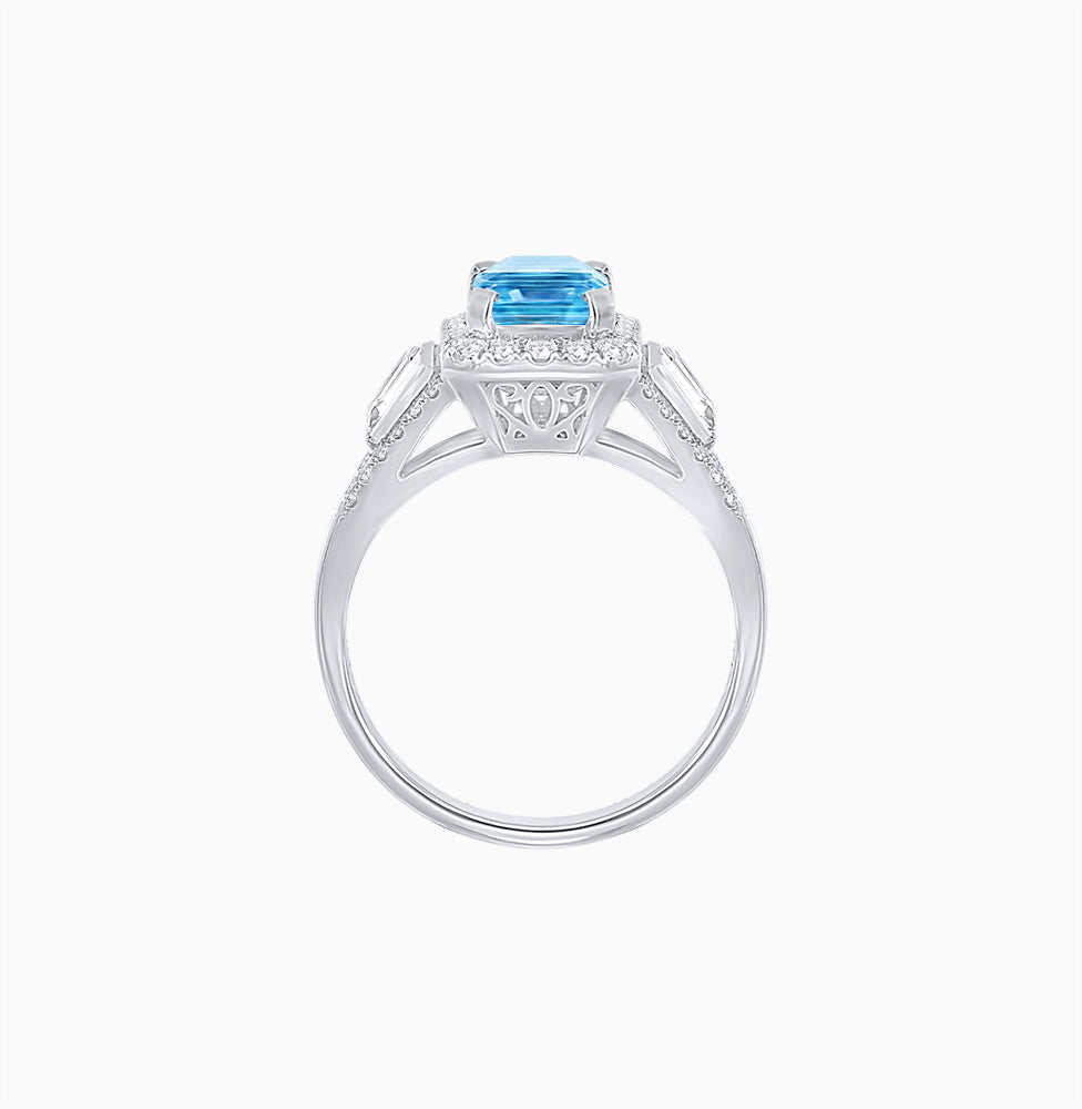 Emerald-Cut Diamond Halo Cocktail Ring with Baguette Accents