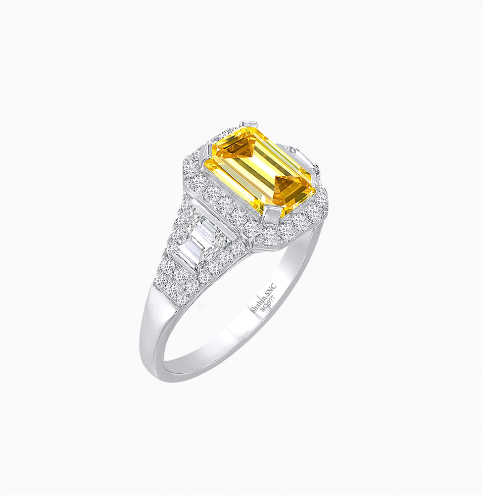 Emerald-Cut Diamond Halo Cocktail Ring with Baguette Accents