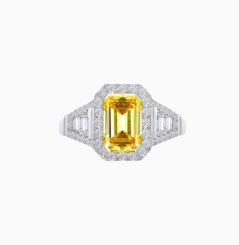Emerald-Cut Diamond Halo Cocktail Ring with Baguette Accents