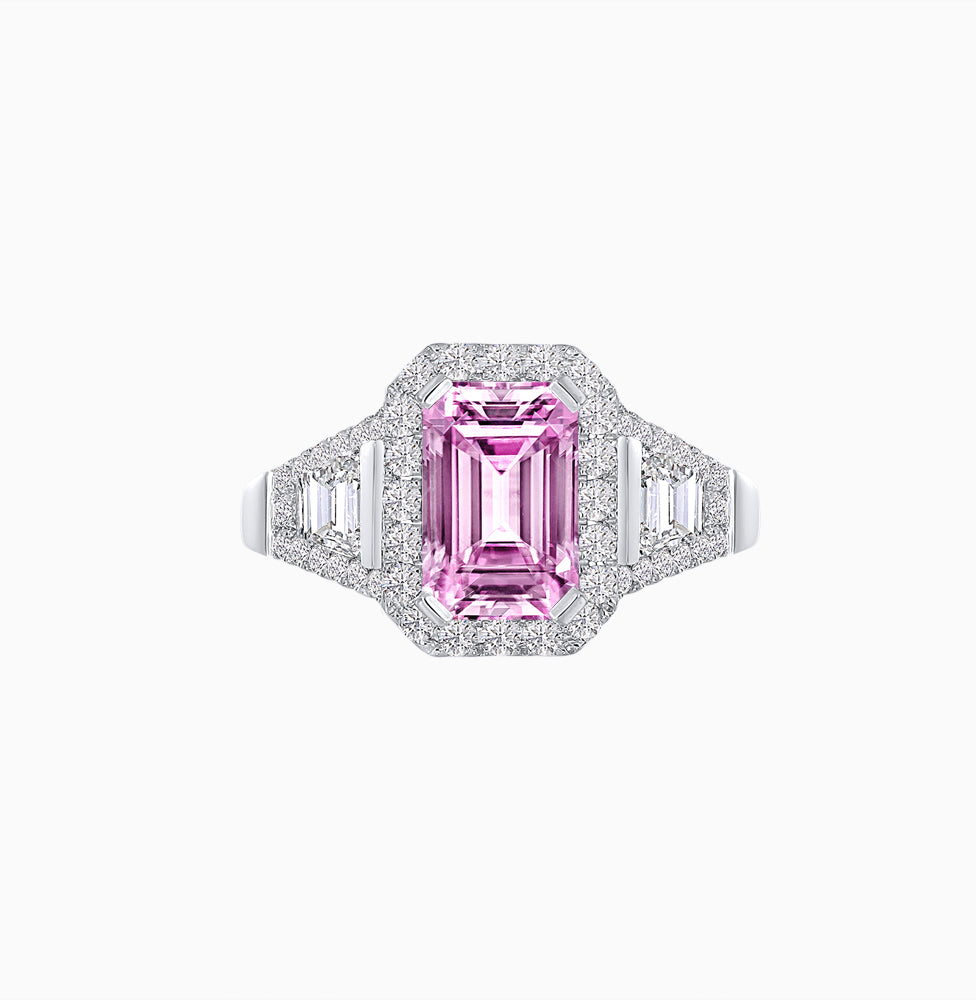 Emerald-Cut Diamond Halo Cocktail Ring with Baguette Accents