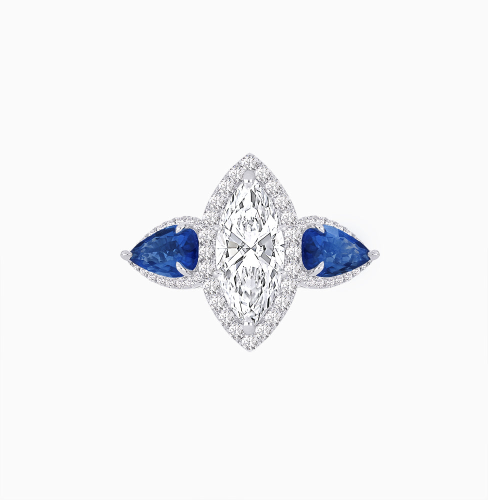 Vintage Inspired Marquise & Pear Three-Stone Halo Ring