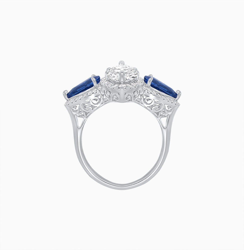 Vintage Inspired Marquise & Pear Three-Stone Halo Ring