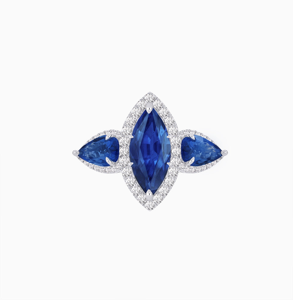 Vintage Inspired Marquise & Pear Three-Stone Halo Ring