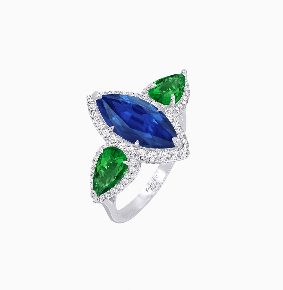 Vintage Inspired Marquise & Pear Three-Stone Halo Ring