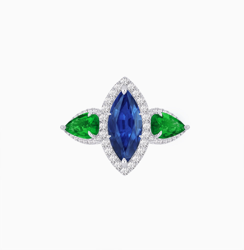 Vintage Inspired Marquise & Pear Three-Stone Halo Ring