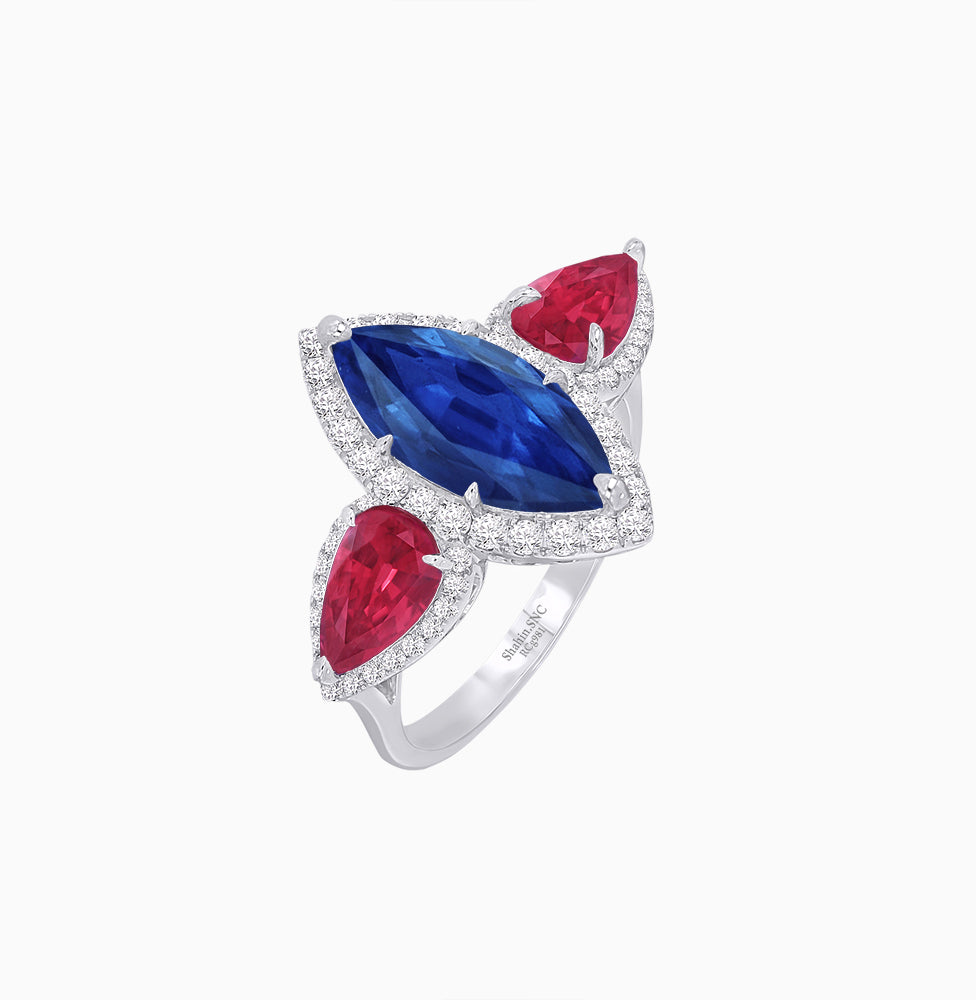 Vintage Inspired Marquise & Pear Three-Stone Halo Ring