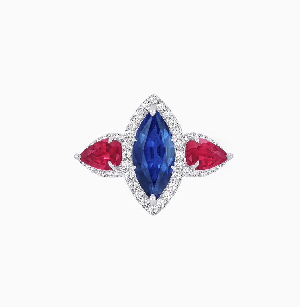 Vintage Inspired Marquise & Pear Three-Stone Halo Ring
