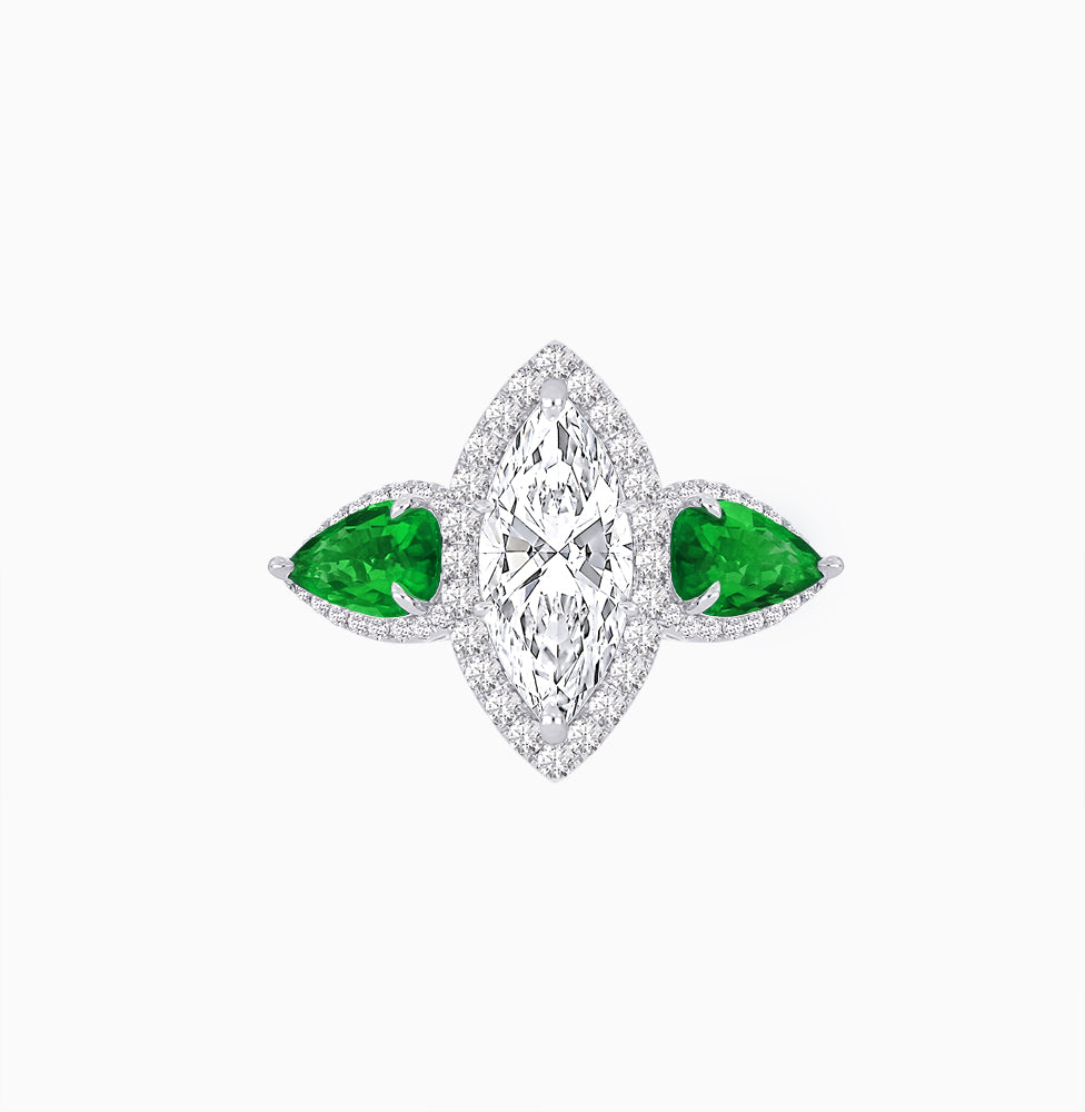Vintage Inspired Marquise & Pear Three-Stone Halo Ring