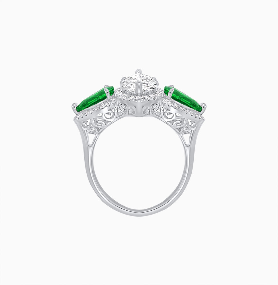 Vintage Inspired Marquise & Pear Three-Stone Halo Ring