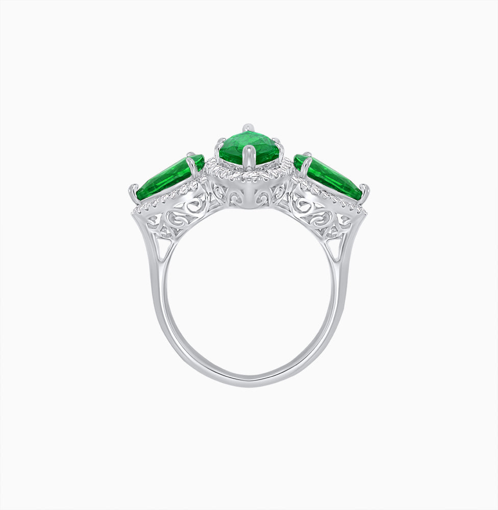 Vintage Inspired Marquise & Pear Three-Stone Halo Ring