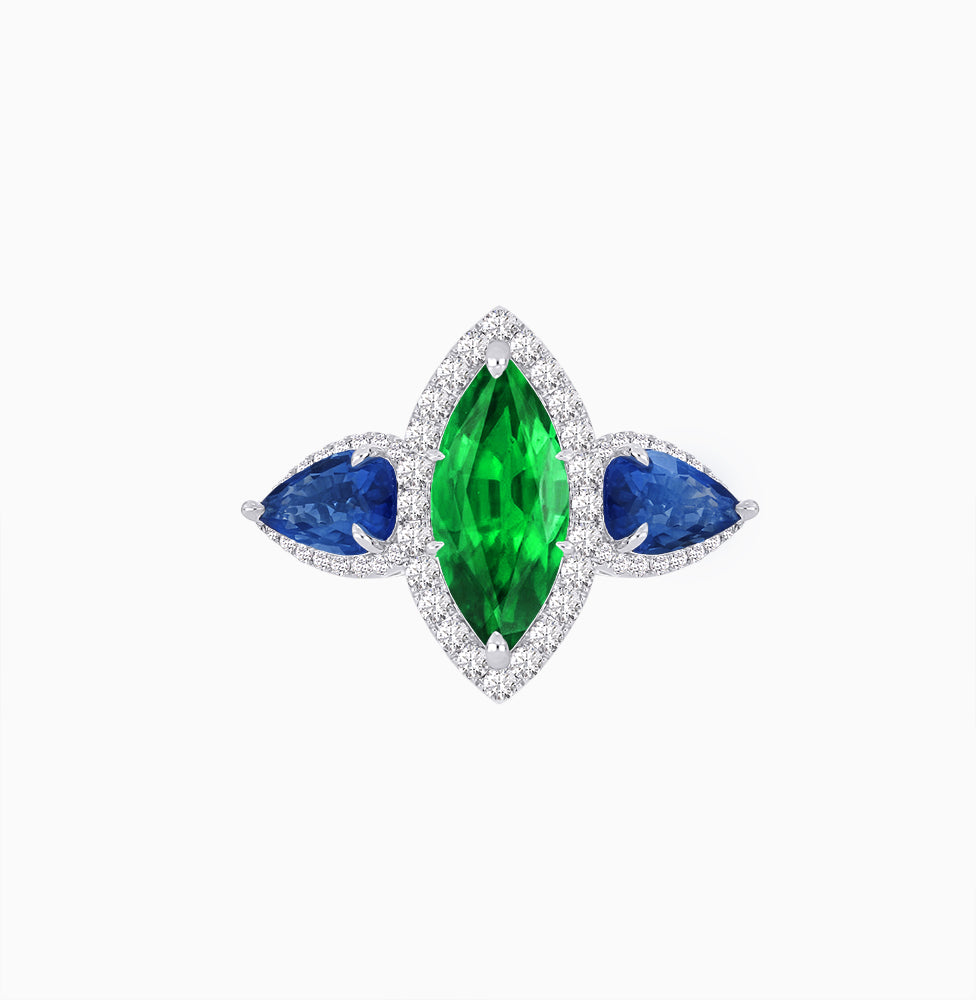 Vintage Inspired Marquise & Pear Three-Stone Halo Ring