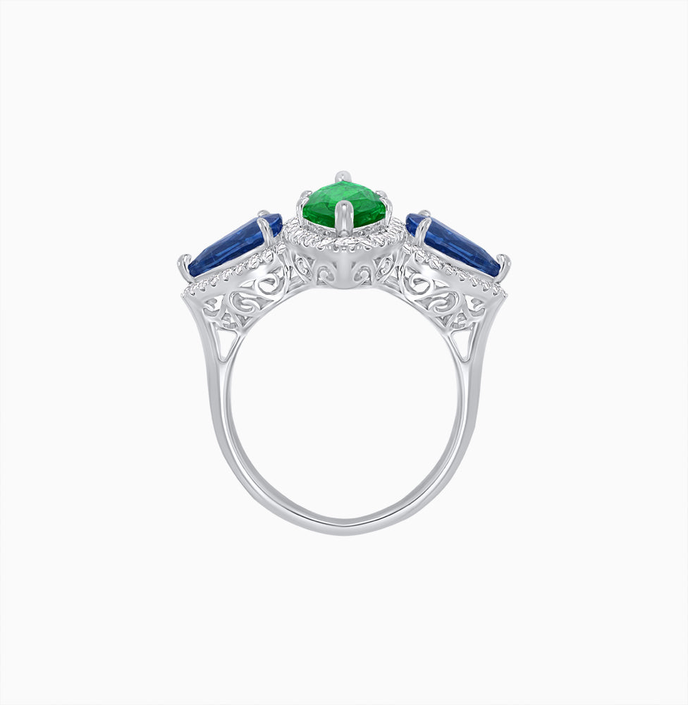 Vintage Inspired Marquise & Pear Three-Stone Halo Ring
