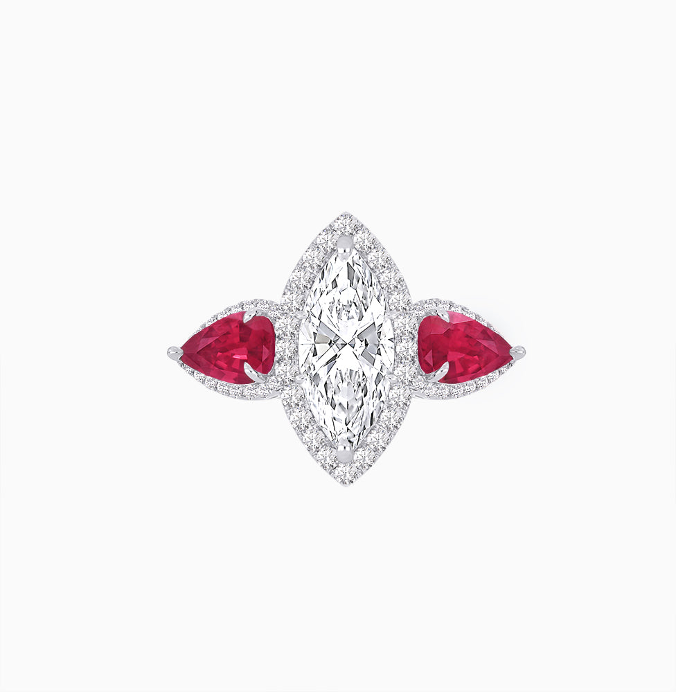 Vintage Inspired Marquise & Pear Three-Stone Halo Ring