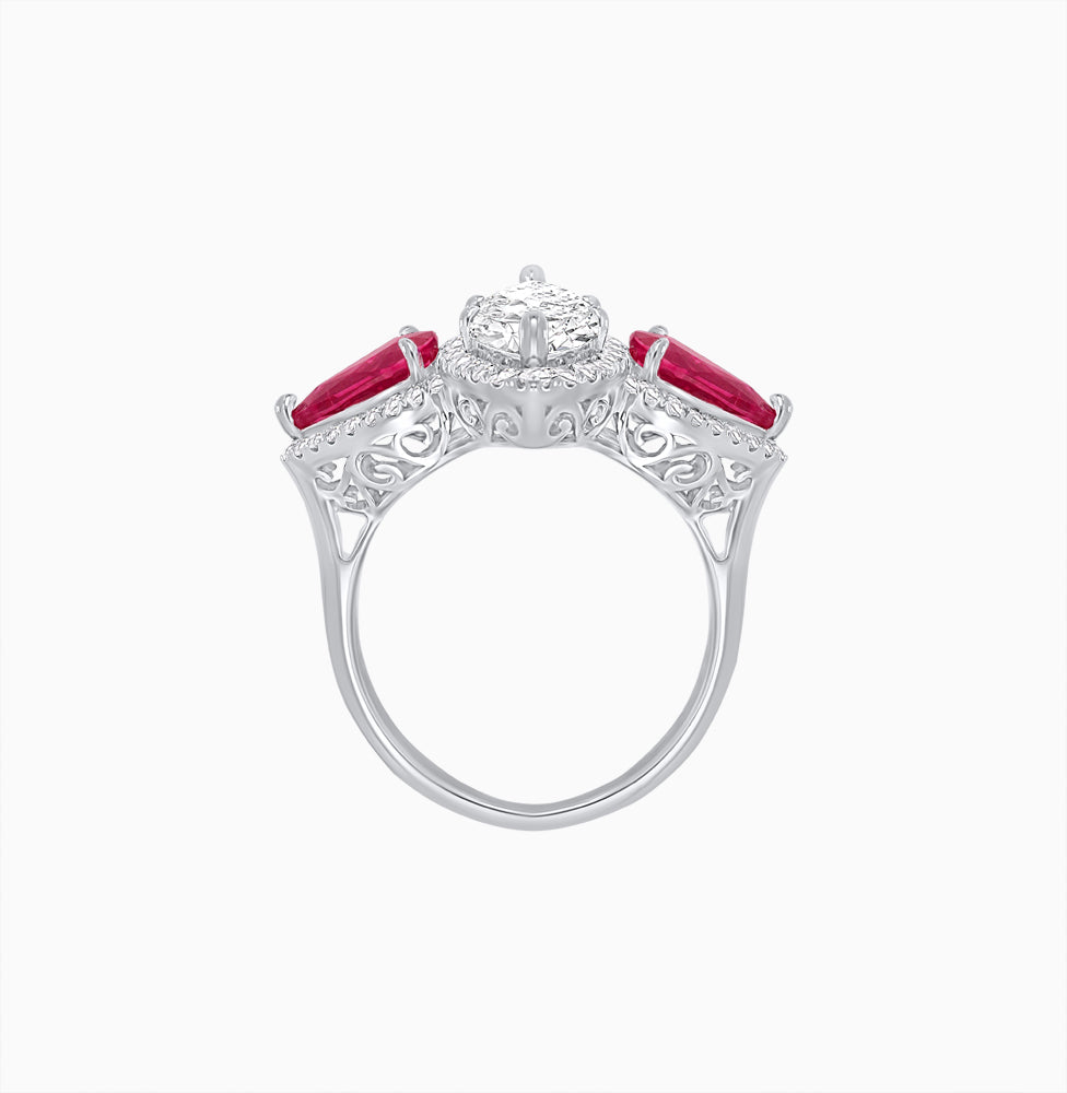 Vintage Inspired Marquise & Pear Three-Stone Halo Ring