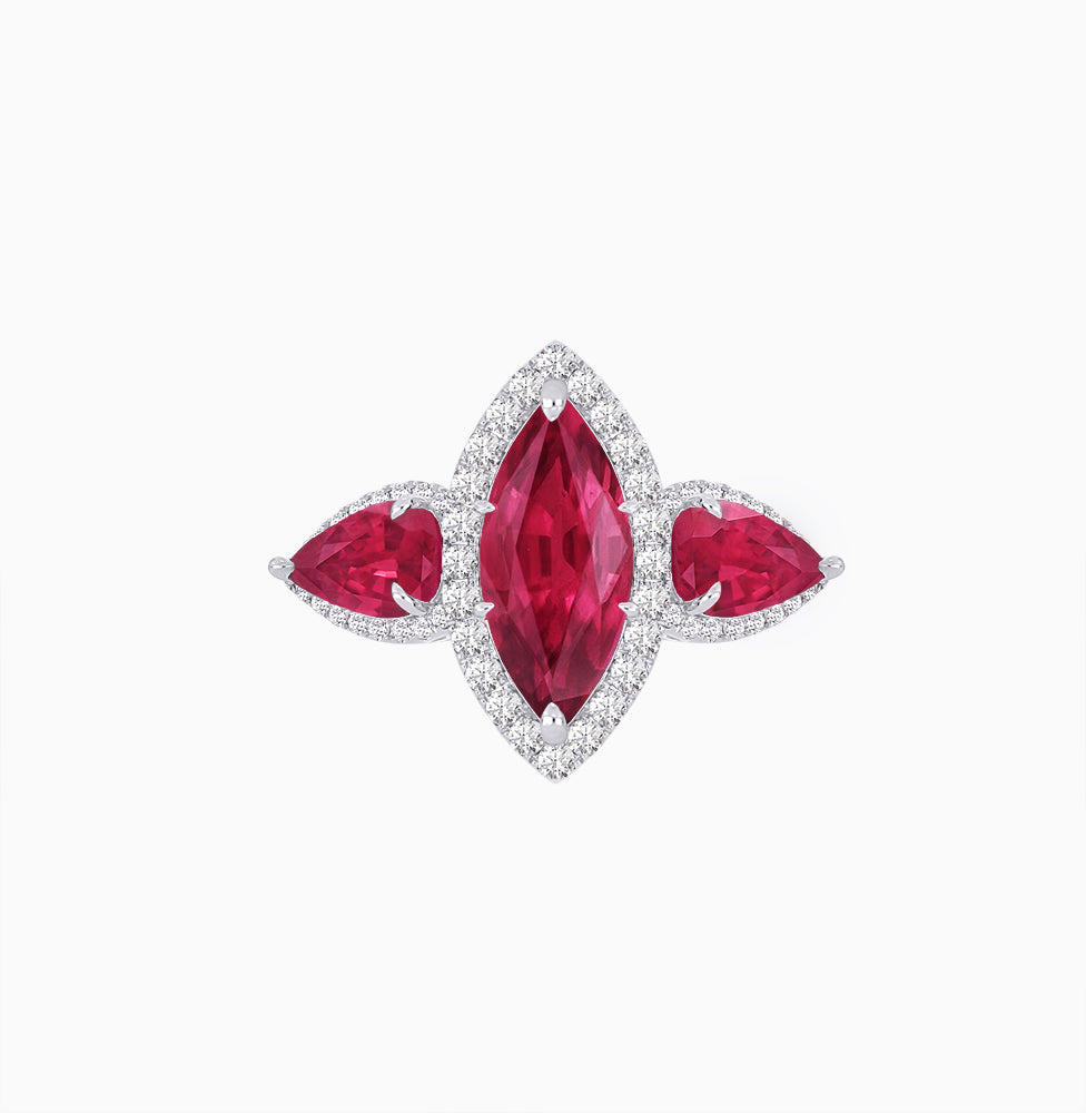 Vintage Inspired Marquise & Pear Three-Stone Halo Ring