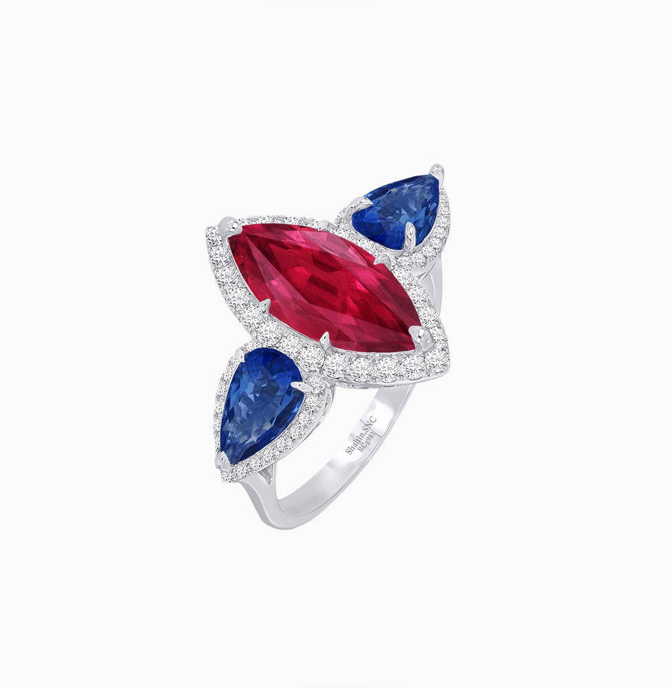 Vintage Inspired Marquise & Pear Three-Stone Halo Ring