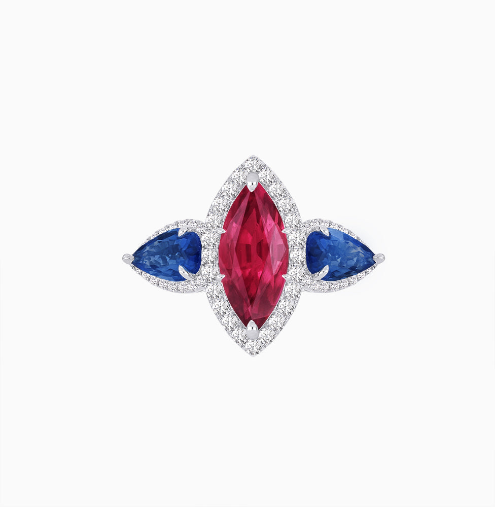Vintage Inspired Marquise & Pear Three-Stone Halo Ring