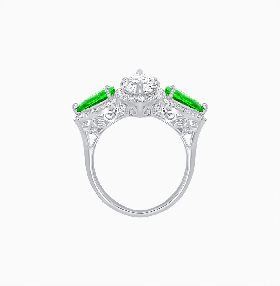 Vintage Inspired Marquise & Pear Three-Stone Halo Ring