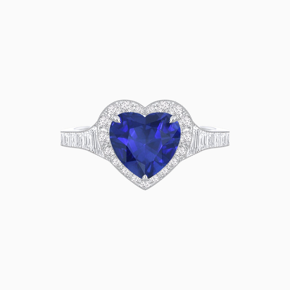 Vintage Inspired Heart Shape Halo Ring with Baguette Diamonds