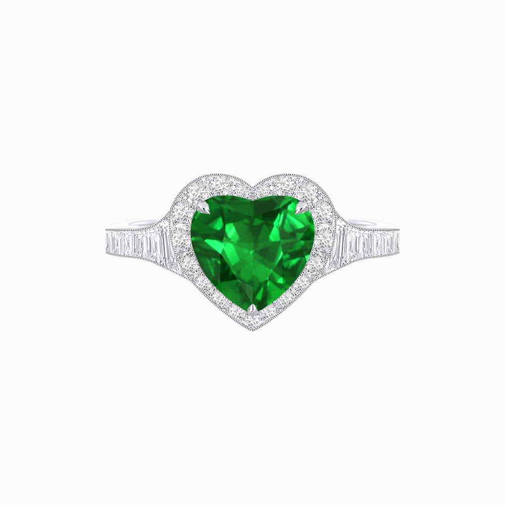 Vintage Inspired Heart Shape Halo Ring with Baguette Diamonds
