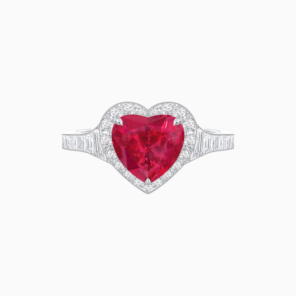 Vintage Inspired Heart Shape Halo Ring with Baguette Diamonds
