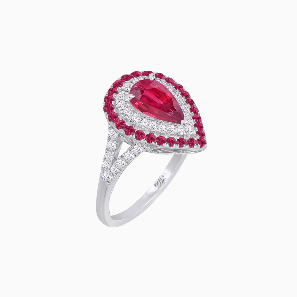 Vintage Inspired Pear Cut Double Halo Gemstone & Diamond Ring