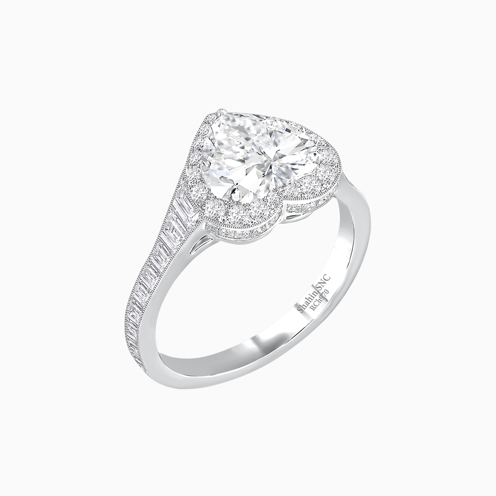 Vintage Inspired Heart Shape Halo Ring with Baguette Diamonds