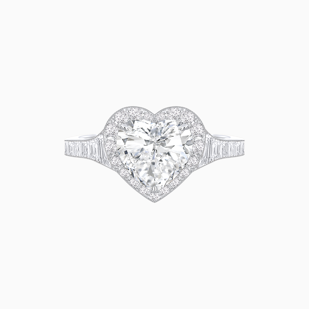 Vintage Inspired Heart Shape Halo Ring with Baguette Diamonds