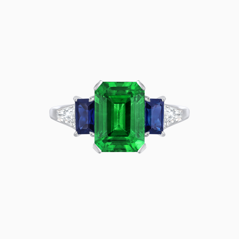 Art Deco Inspired Emerald Cut Three-Stone Ring with Tapered Baguettes