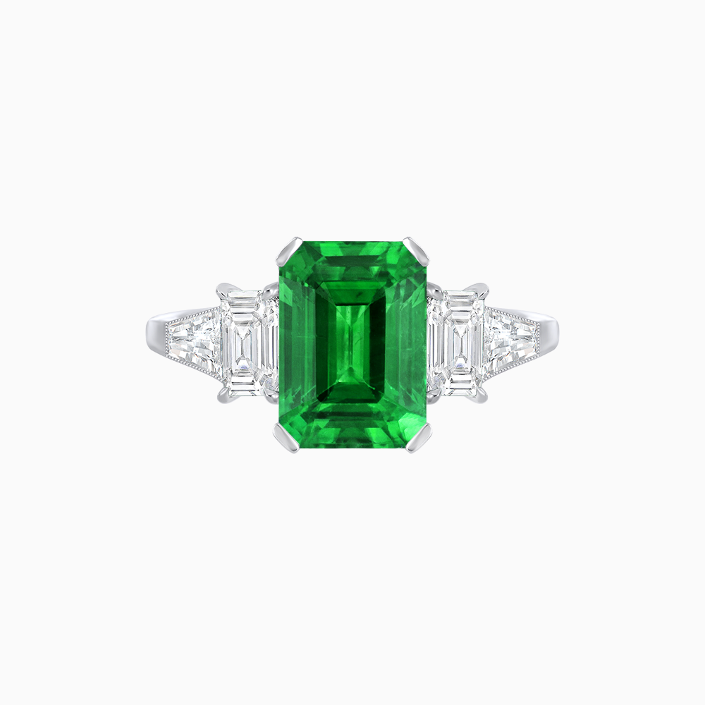 Art Deco Inspired Emerald Cut Three-Stone Ring with Tapered Baguettes
