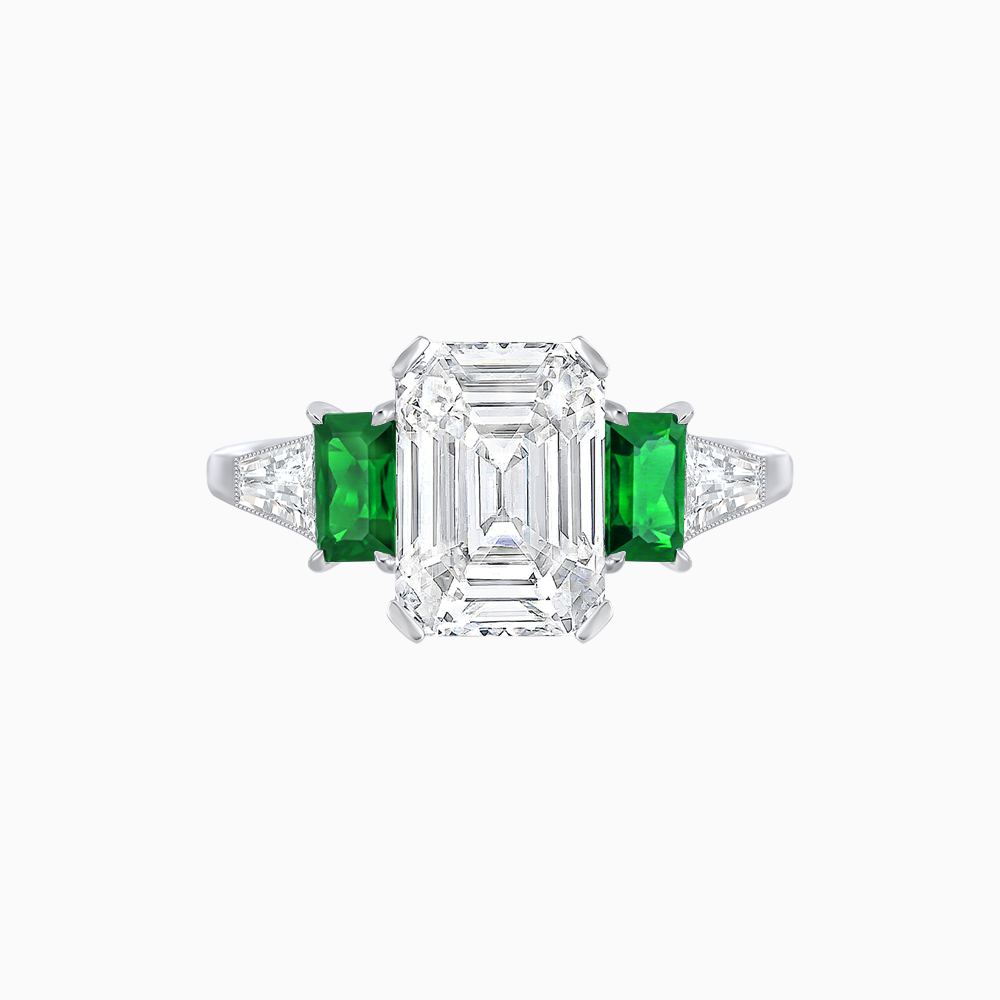Art Deco Inspired Emerald Cut Three-Stone Ring with Tapered Baguettes
