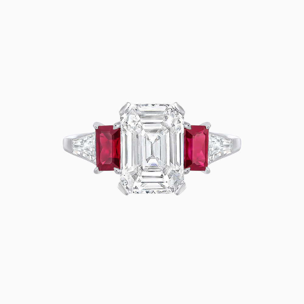 Art Deco Inspired Emerald Cut Three-Stone Ring with Tapered Baguettes