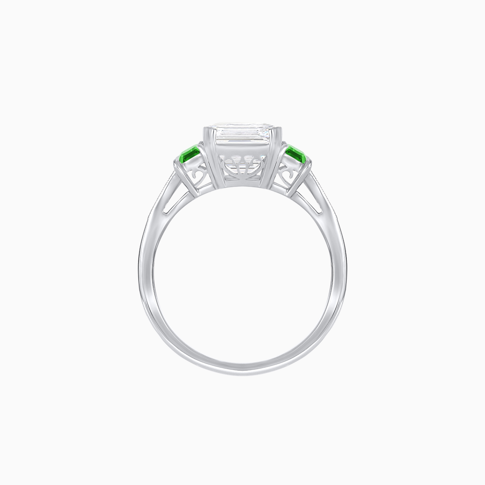 Art Deco Inspired Emerald Cut Three-Stone Ring with Tapered Baguettes