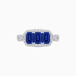 Load image into Gallery viewer, Vintage Inspired Emerald Cut Three-Stone Diamond Halo Ring