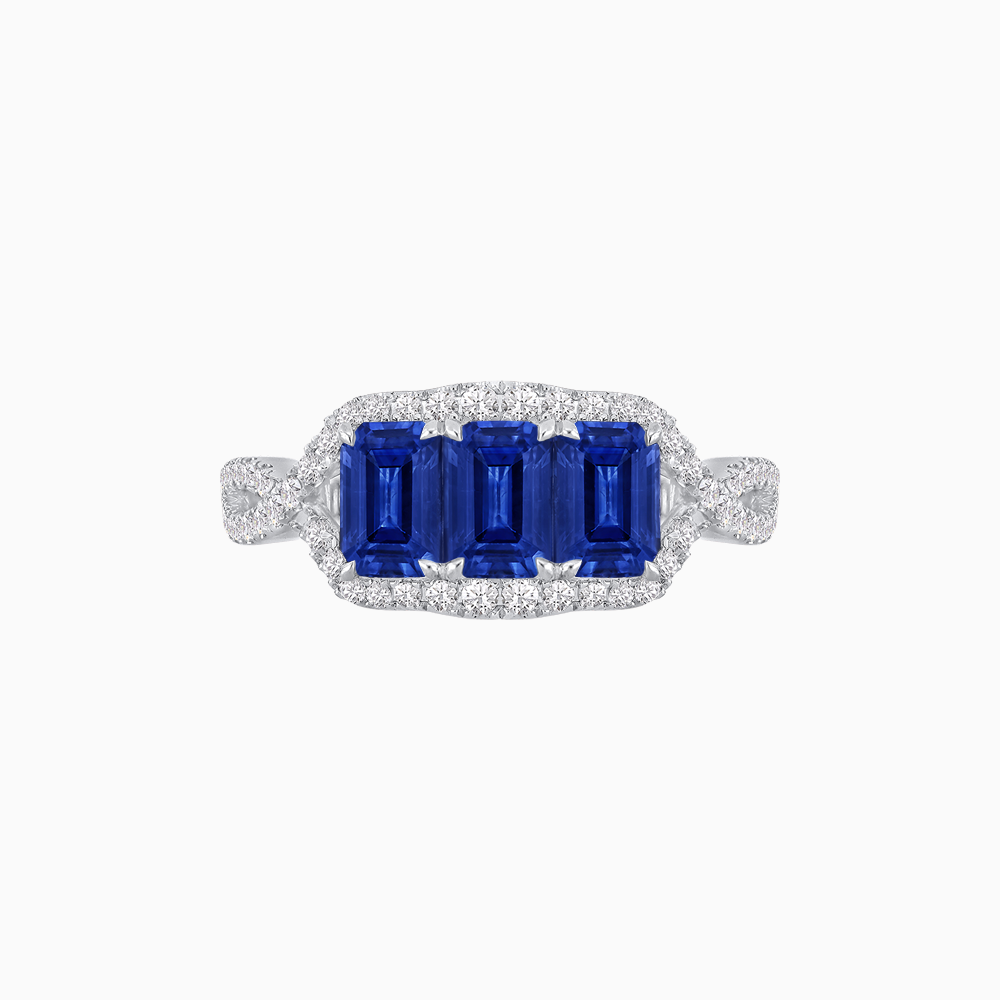 Vintage Inspired Emerald Cut Three-Stone Diamond Halo Ring