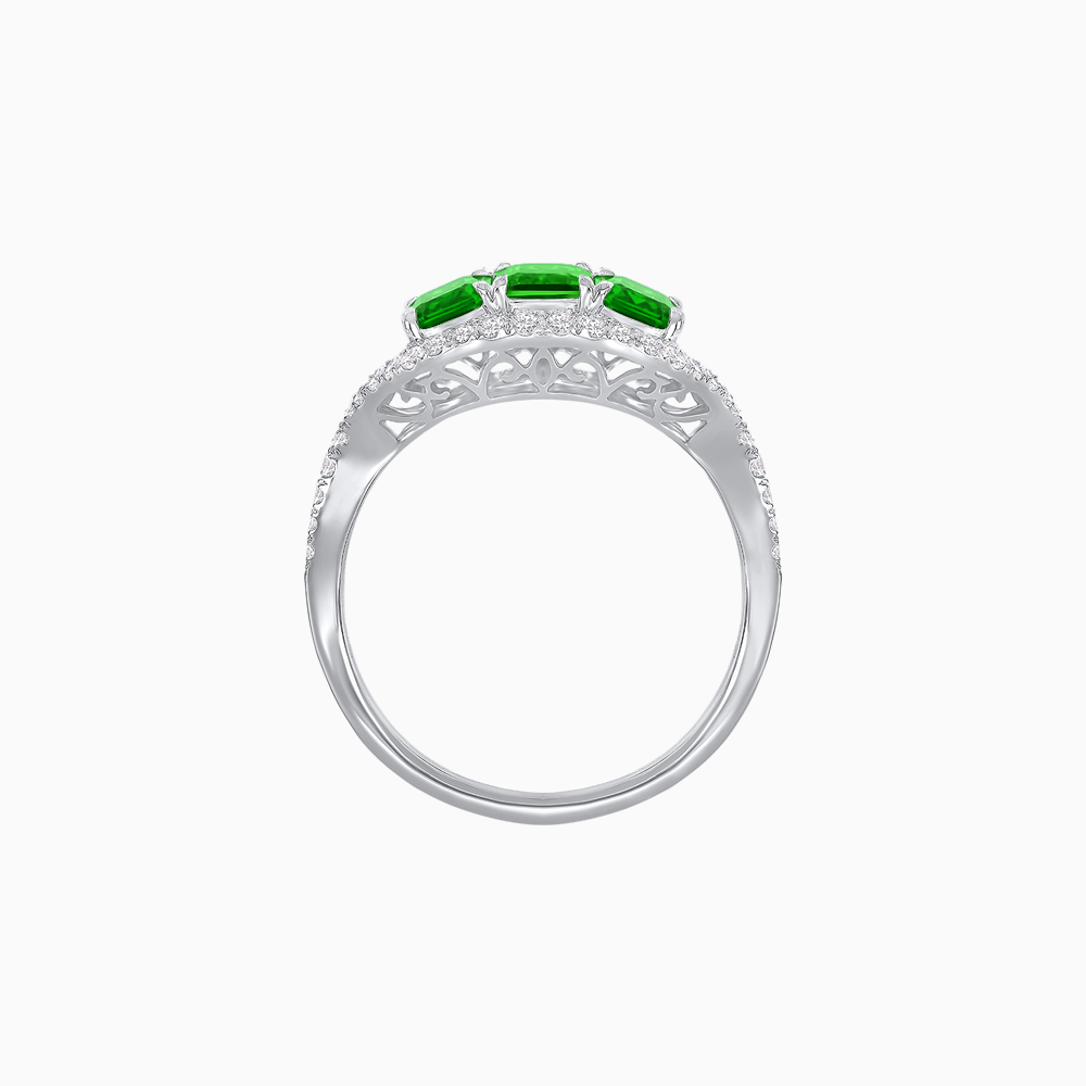 Vintage Inspired Emerald Cut Three-Stone Diamond Halo Ring