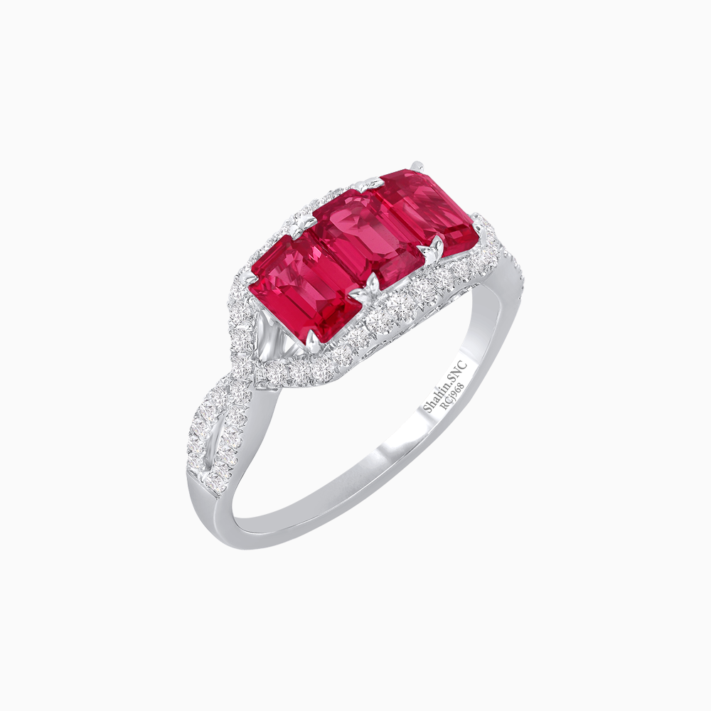 Vintage Inspired Emerald Cut Three-Stone Diamond Halo Ring