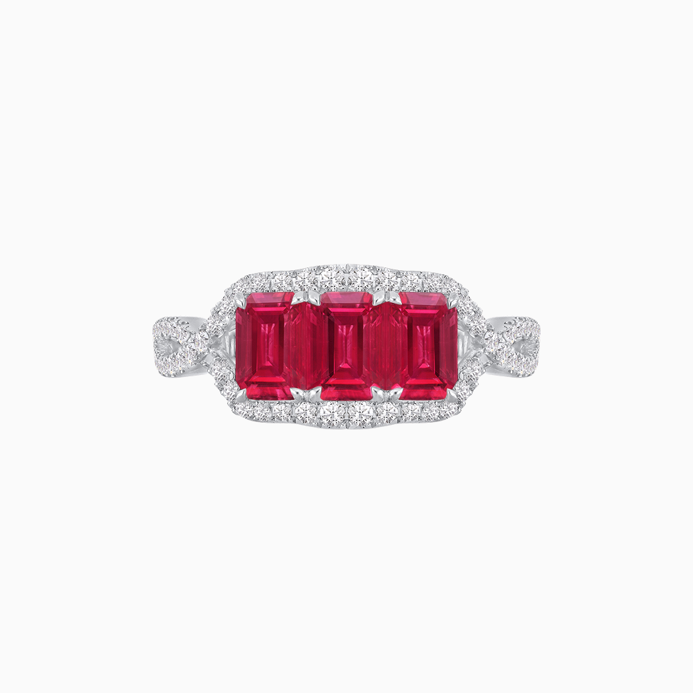 Vintage Inspired Emerald Cut Three-Stone Diamond Halo Ring