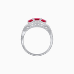 Load image into Gallery viewer, Vintage Inspired Emerald Cut Three-Stone Diamond Halo Ring