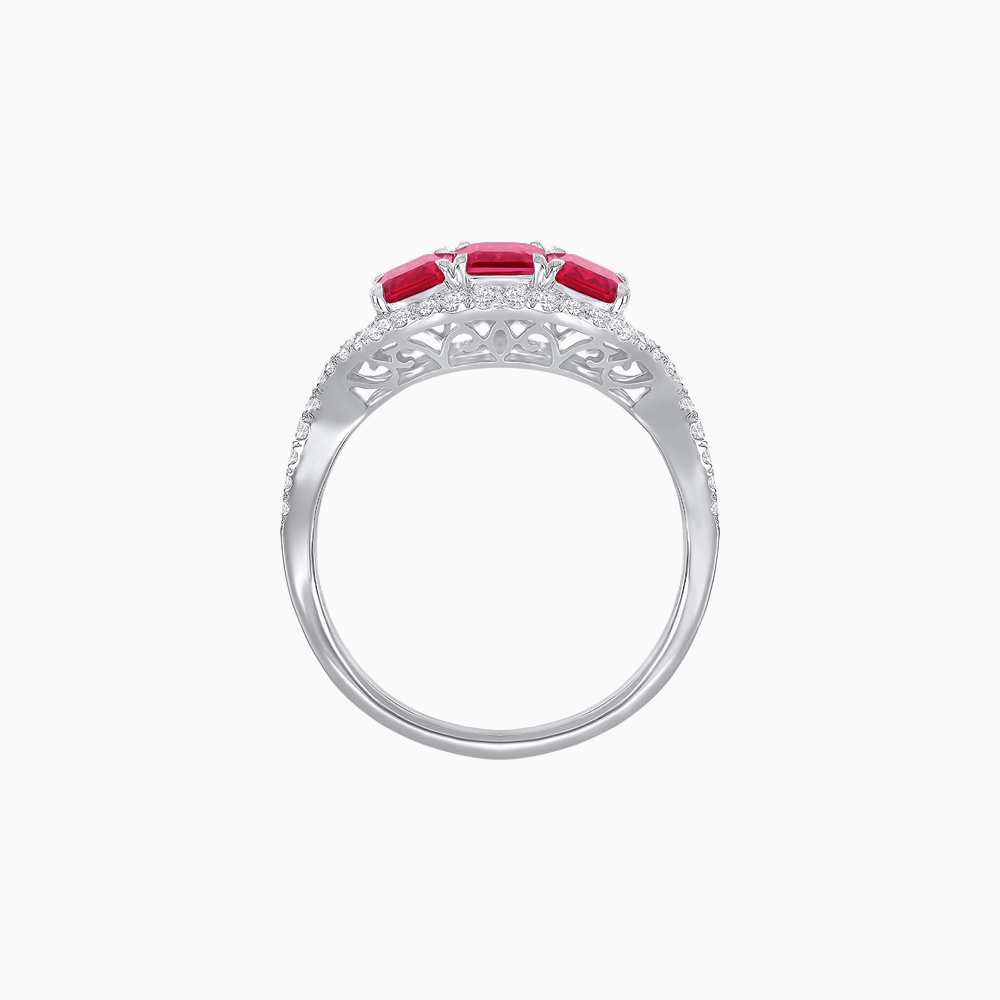 Vintage Inspired Emerald Cut Three-Stone Diamond Halo Ring