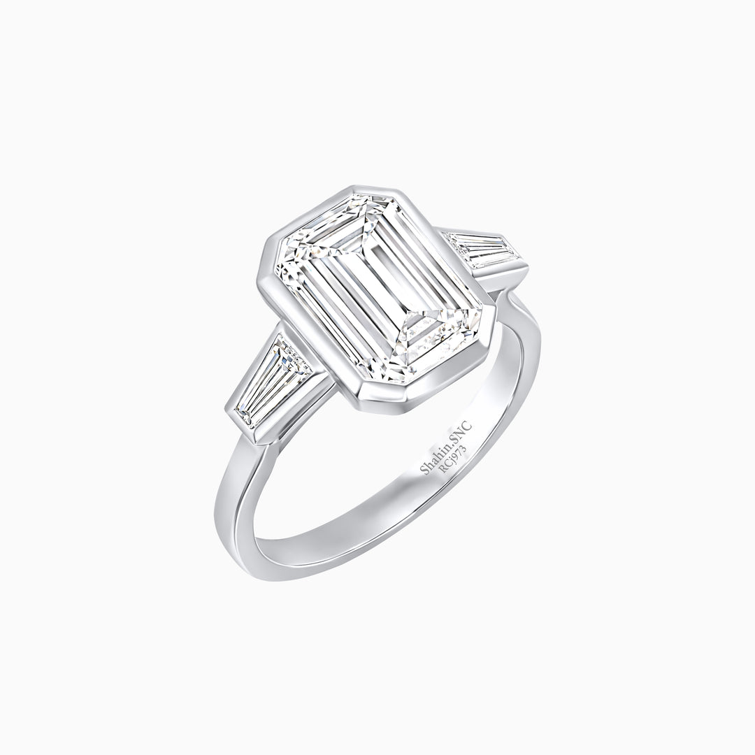 Modern Art Deco Inspired Emerald-Cut Bezel Engagement Ring with Tapered Baguette Side Stones