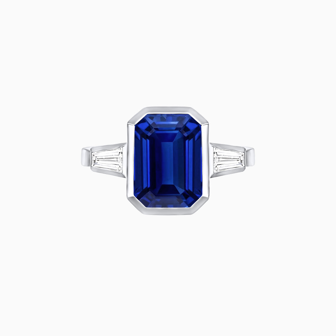Modern Art Deco Inspired Emerald-Cut Bezel Engagement Ring with Tapered Baguette Side Stones