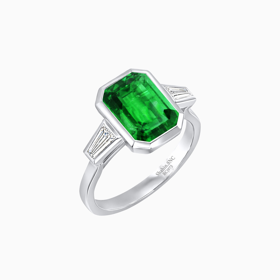 Modern Art Deco Inspired Emerald-Cut Bezel Engagement Ring with Tapered Baguette Side Stones