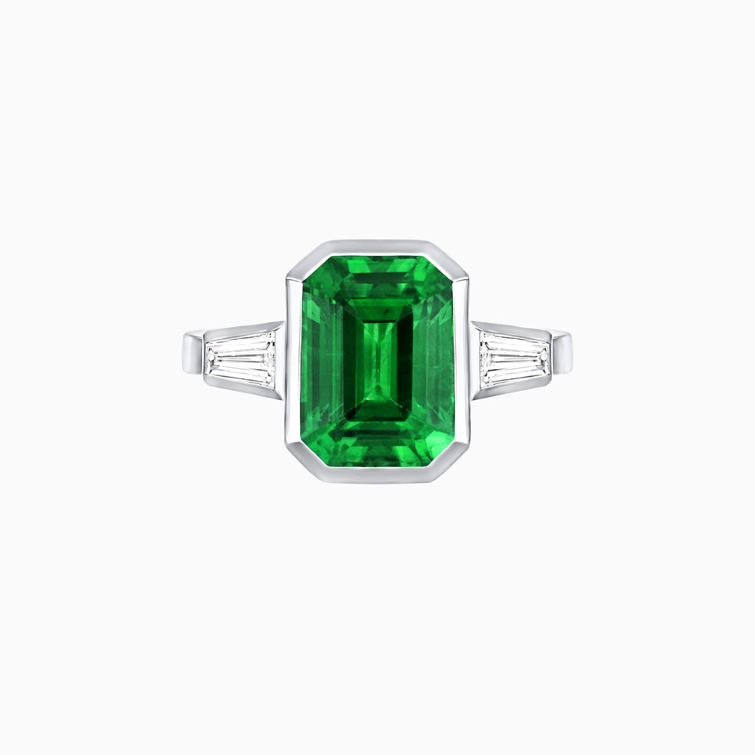 Modern Art Deco Inspired Emerald-Cut Bezel Engagement Ring with Tapered Baguette Side Stones
