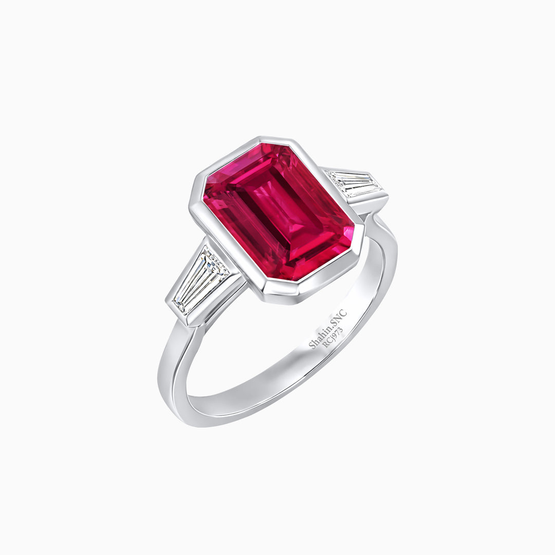 Modern Art Deco Inspired Emerald-Cut Bezel Engagement Ring with Tapered Baguette Side Stones