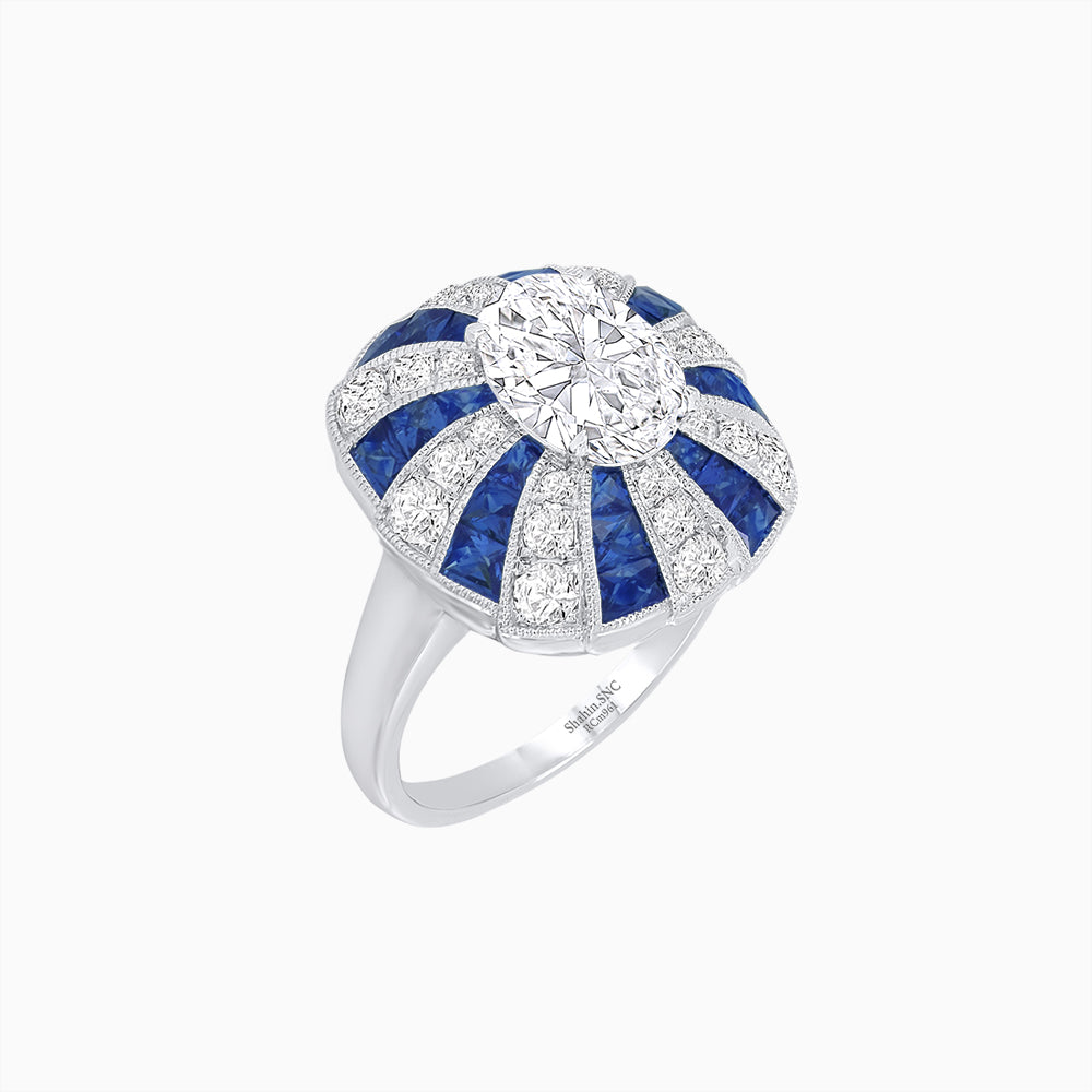 Art Deco Inspired Oval Sunburst Cocktail Ring with Calibré-Cut Gemstones