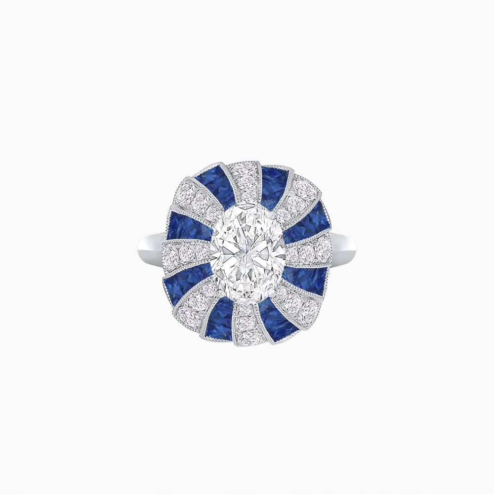 Art Deco Inspired Oval Sunburst Cocktail Ring with Calibré-Cut Gemstones
