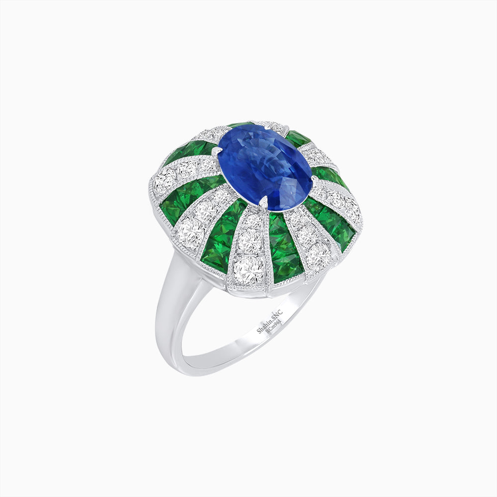 Art Deco Inspired Oval Sunburst Cocktail Ring with Calibré-Cut Gemstones